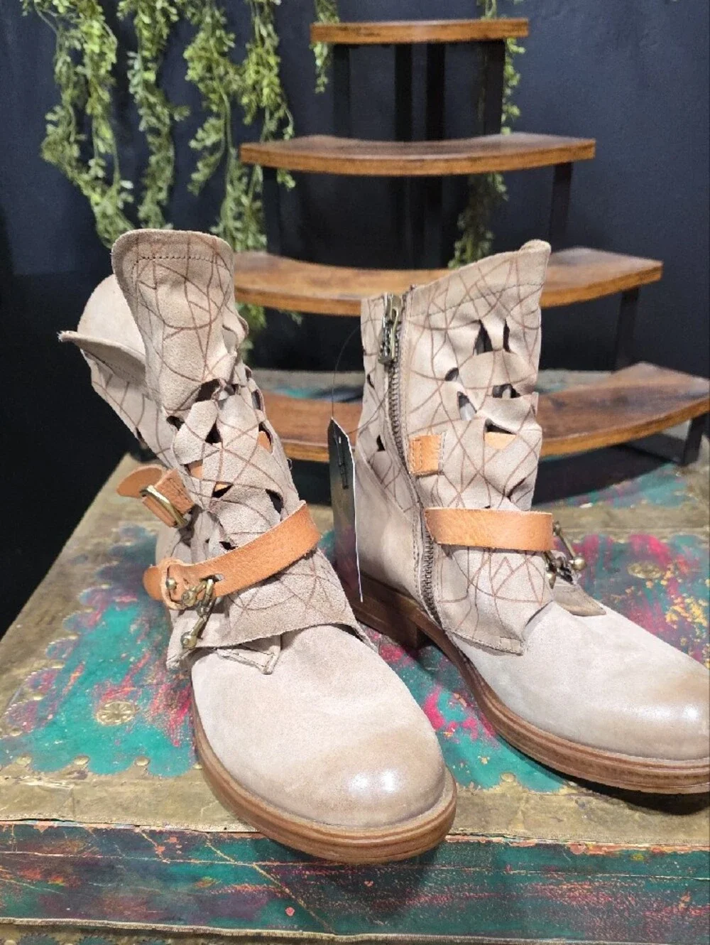 A.S.98 Taupe Ankle Boots with Tan Buckle Straps